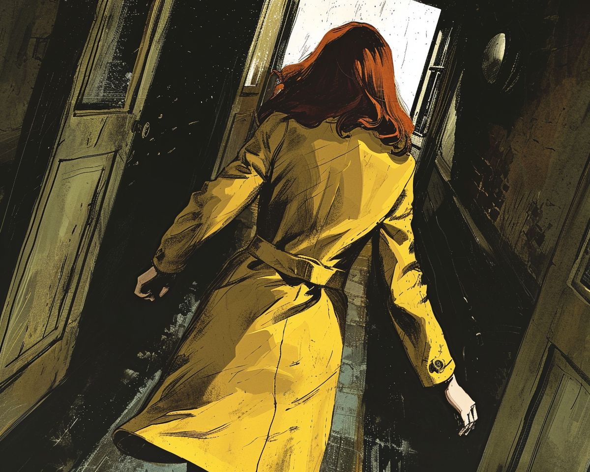 Descubre la imagen vibrante de una mujer con cabello rojo vestida con un abrigo amarillo mientras entra en una habitación oscura y misteriosa, evocando una atmósfera de suspenso e intriga perfecta para los amantes del misterio y las novelas gráficas.