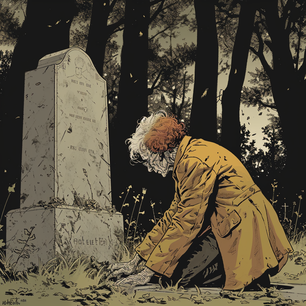 Descubre esta conmovedora ilustración de una persona mayor de cabello canoso, vestida con un abrigo amarillo, de rodillas frente a una tumba en un tranquilo bosque. Un momento íntimo de recuerdo y respeto, perfectamente capturado entre la sombra de los árboles.