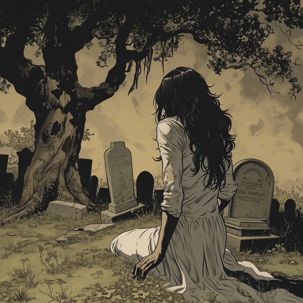 Descubre esta conmovedora ilustración de una joven solitaria en un cementerio al atardecer. Rodeada de tumbas y un antiguo árbol, captura perfectamente un momento de reflexión y pérdida. Ideal para quienes aprecian el arte emocional y profundo.