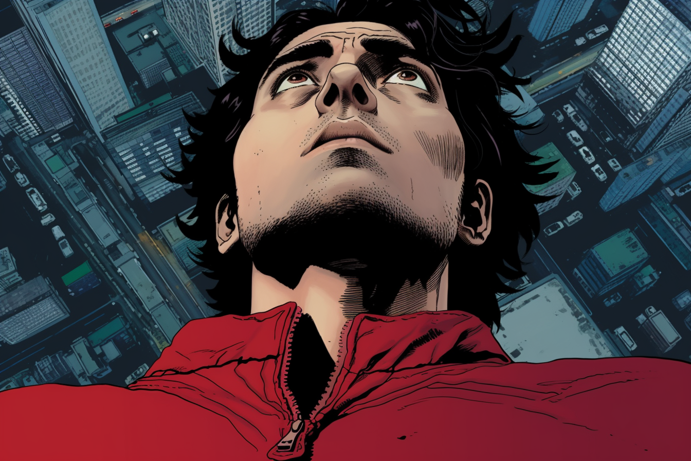 Descubre la intensidad de un hombre joven mirando hacia el cielo entre rascacielos. Esta imagen captura una atmósfera urbana vibrante con un enfoque dramático, ideal para los amantes de las narrativas visuales y la cultura pop contemporánea.