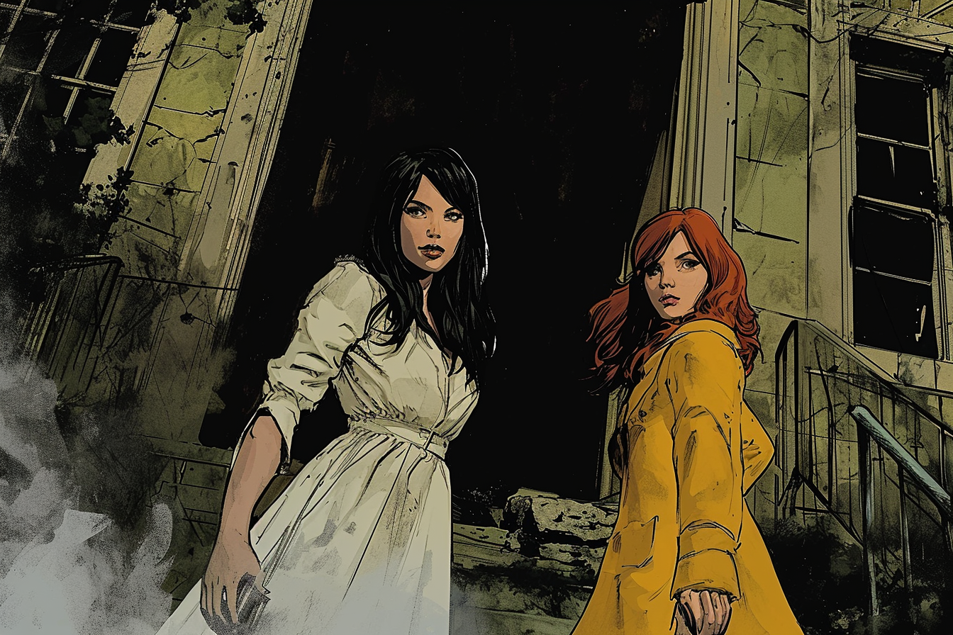 Descubre la intriga en esta imagen de cómic que captura a dos mujeres audaces frente a una edificación en ruinas, evocando un misterio envolvente. Su estilo de ilustración detallado y uso de colores cálidos la hacen perfecta para los amantes del arte y las narrativas visuales.