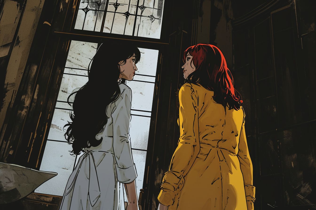 Descubre esta ilustración vibrante donde dos mujeres se enfrentan en un entorno gótico y en ruinas. El contraste de colores y el dramatismo visual capturan la tensión del momento. Ideal para amantes del arte y narrativa gráfica.