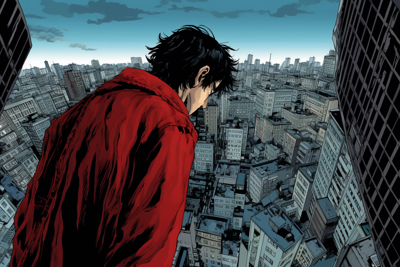 Descubre esta impresionante ilustración de un héroe enigmático parado en la azotea, contemplando el vasto paisaje urbano. Los vibrantes tonos de azul y la capa roja dramática capturan la esencia de una ciudad que nunca duerme. ¡Perfecto para los amantes del arte de cómic y la cultura urbana!