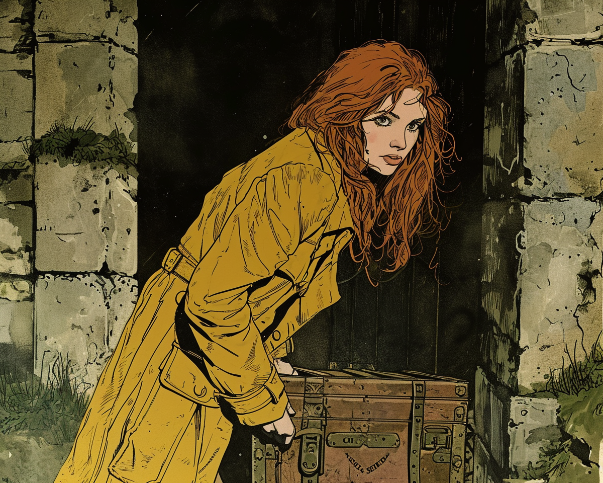 Explora el misterio y la aventura con esta ilustración de una mujer descubriendo un cofre antiguo en un entorno urbano en ruinas. Su mirada cautivadora y el ambiente oscuro te invitarán a descubrir los secretos que guarda.