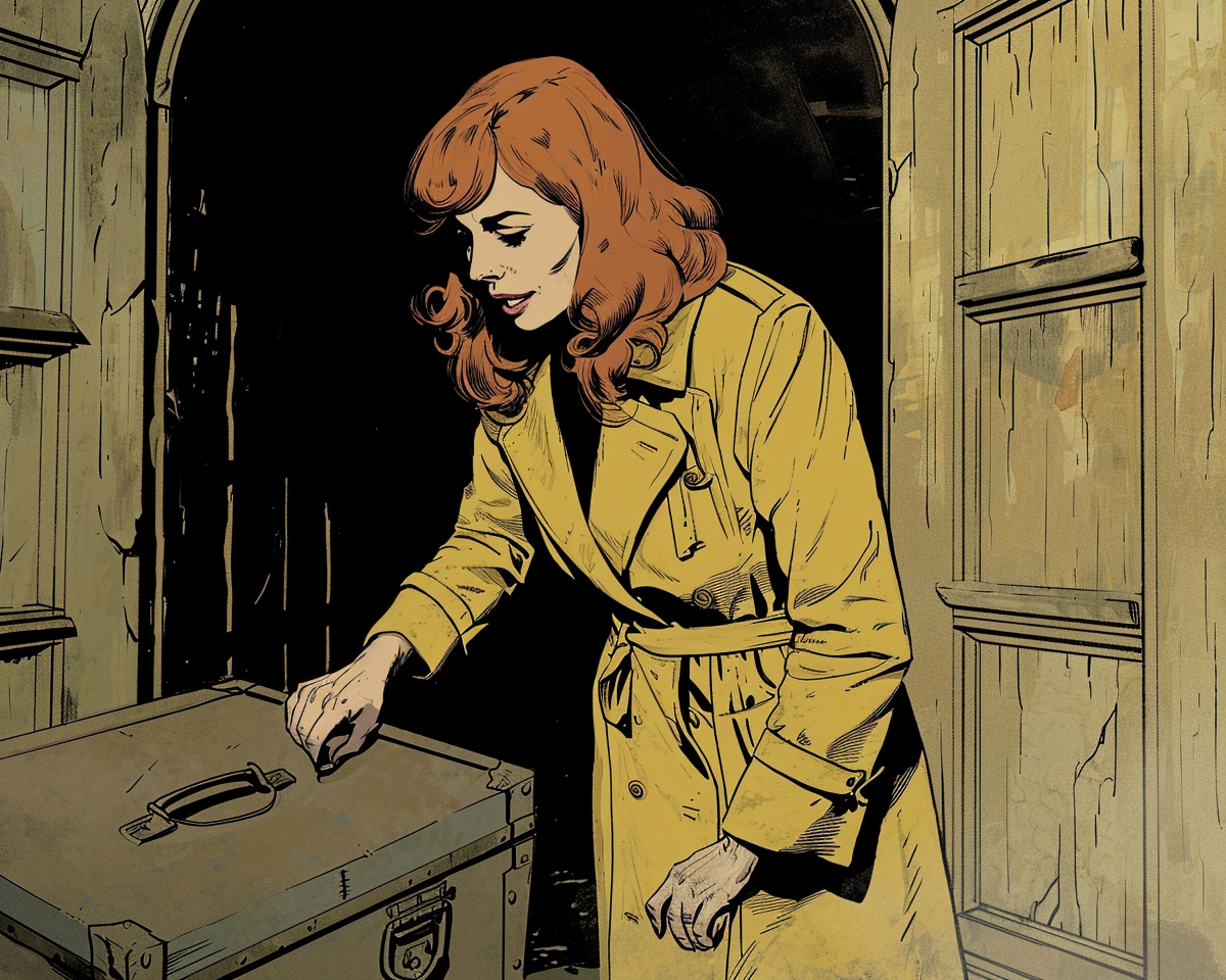 Descubre la intriga con esta ilustración estilizada de una mujer misteriosa abriendo una maleta en un entorno oscuro y decrépito. Su abrigo amarillo contrasta con el ambiente sombrío, creando un aura de misterio y aventura. ¡Explora el misterio y la moda retro en una sola imagen!