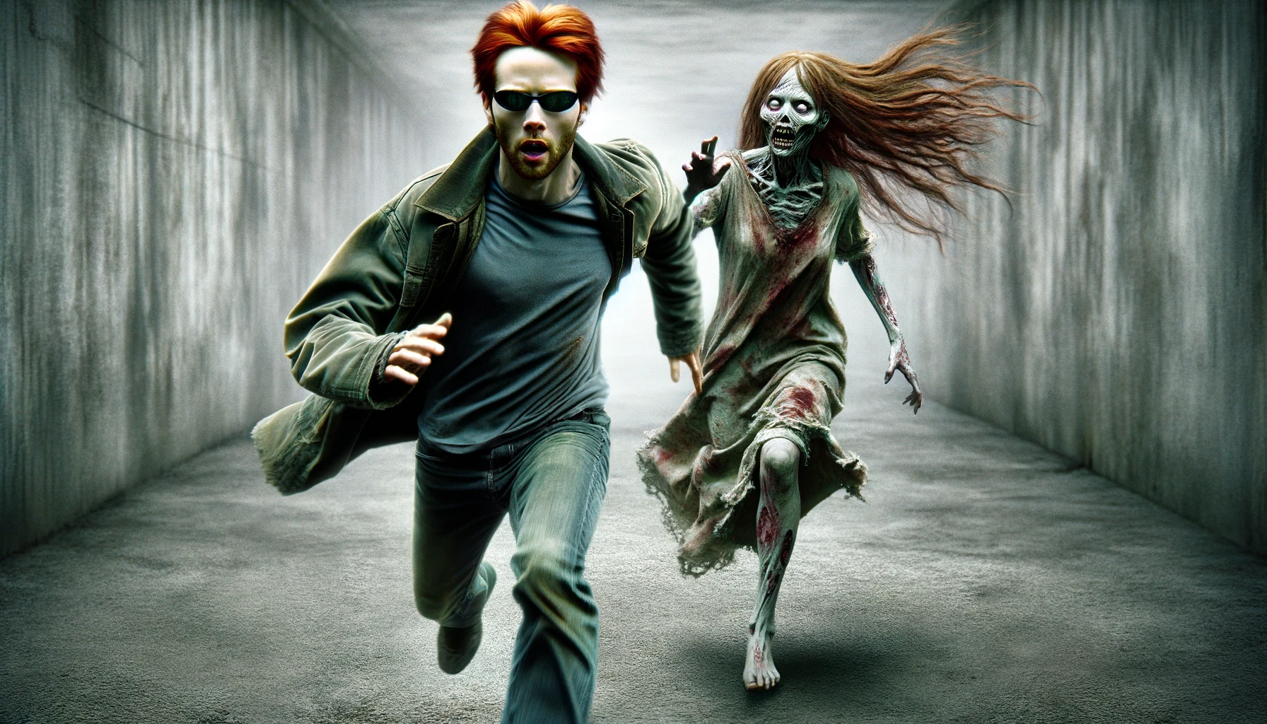 Un hombre de cabello rojo y gafas oscuras corre desesperadamente por un túnel oscuro, perseguido de cerca por un aterrador zombie. Esta escena llena de adrenalina y horror captura la esencia del género de terror, ideal para atraer a los amantes de la acción y lo sobrenatural.