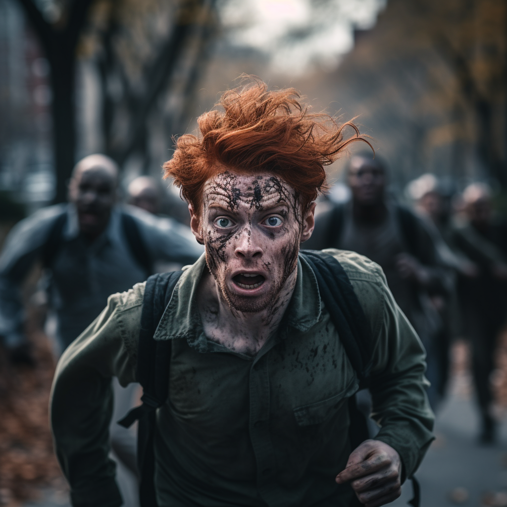 Un hombre pelirrojo corre aterrorizado con la cara sucia mientras un grupo de zombies lo persigue en una calle de la ciudad. Su expresión de pánico y la atmósfera oscura crean una escena impactante y llena de adrenalina, ideal para los amantes del terror.