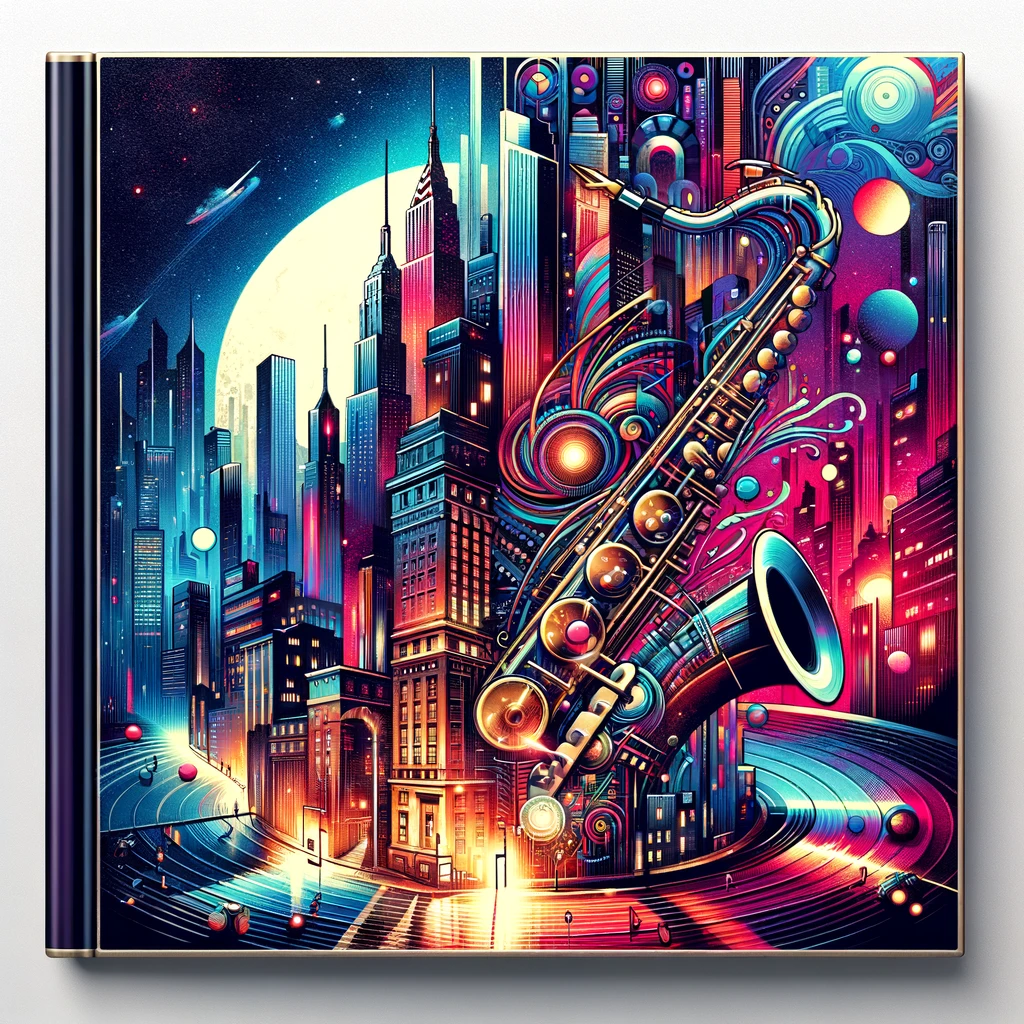Carátula del álbum "Ecos de la Ciudad" por Luna Urbana, donde el jazz se encuentra con la ciencia ficción. Esta imagen captura la esencia de una metrópolis iluminada por neones con un imponente saxofón brillante que se funde con el paisaje de rascacielos.