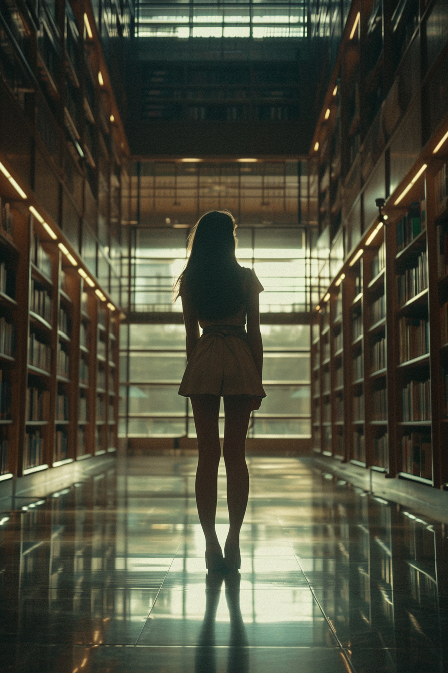 Esta imagen captura la silueta de una joven de pie en una biblioteca moderna, rodeada de altos estantes llenos de libros. La iluminación suave y el ambiente tranquilo invitan a la reflexión y al descubrimiento intelectual, resaltando la serenidad del entorno bibliotecario.