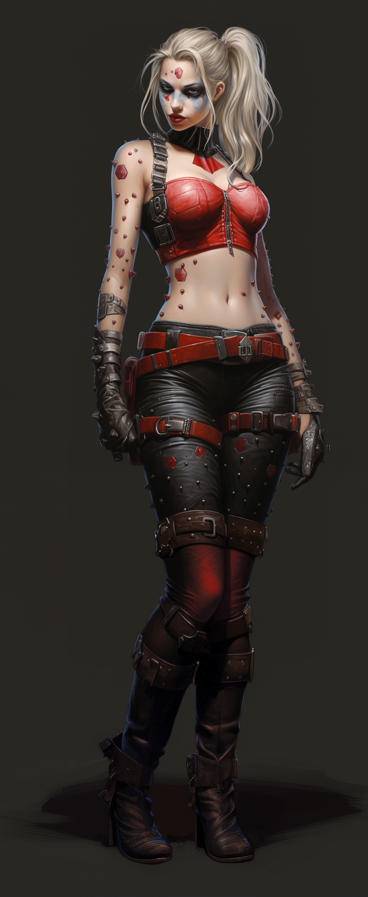 Descubre la audaz representación de una heroína futurista con atuendo rojo y negro. Este diseño captura la esencia del estilo vanguardista y la actitud intrépida, ideal para los entusiastas de la moda y el arte digital. Una obra que inspira valentía y estilo.