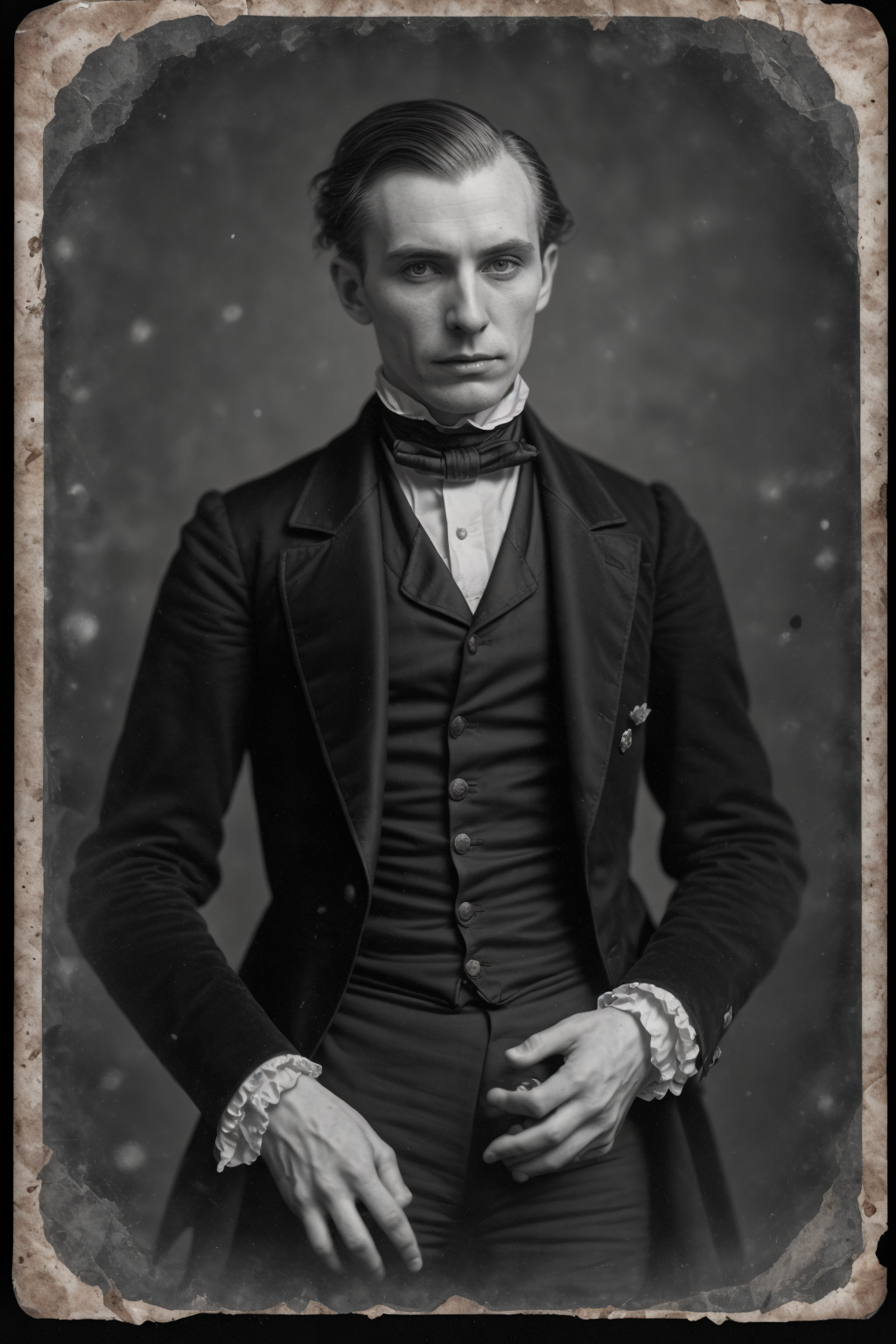 Descubre un atisbo del pasado con esta foto de un dandy inglés, radiante de elegancia vintage. La imagen en blanco y negro presenta a un caballero con traje formal, peinado meticuloso y mirada intensa, evocando el refinamiento de una era pasada.