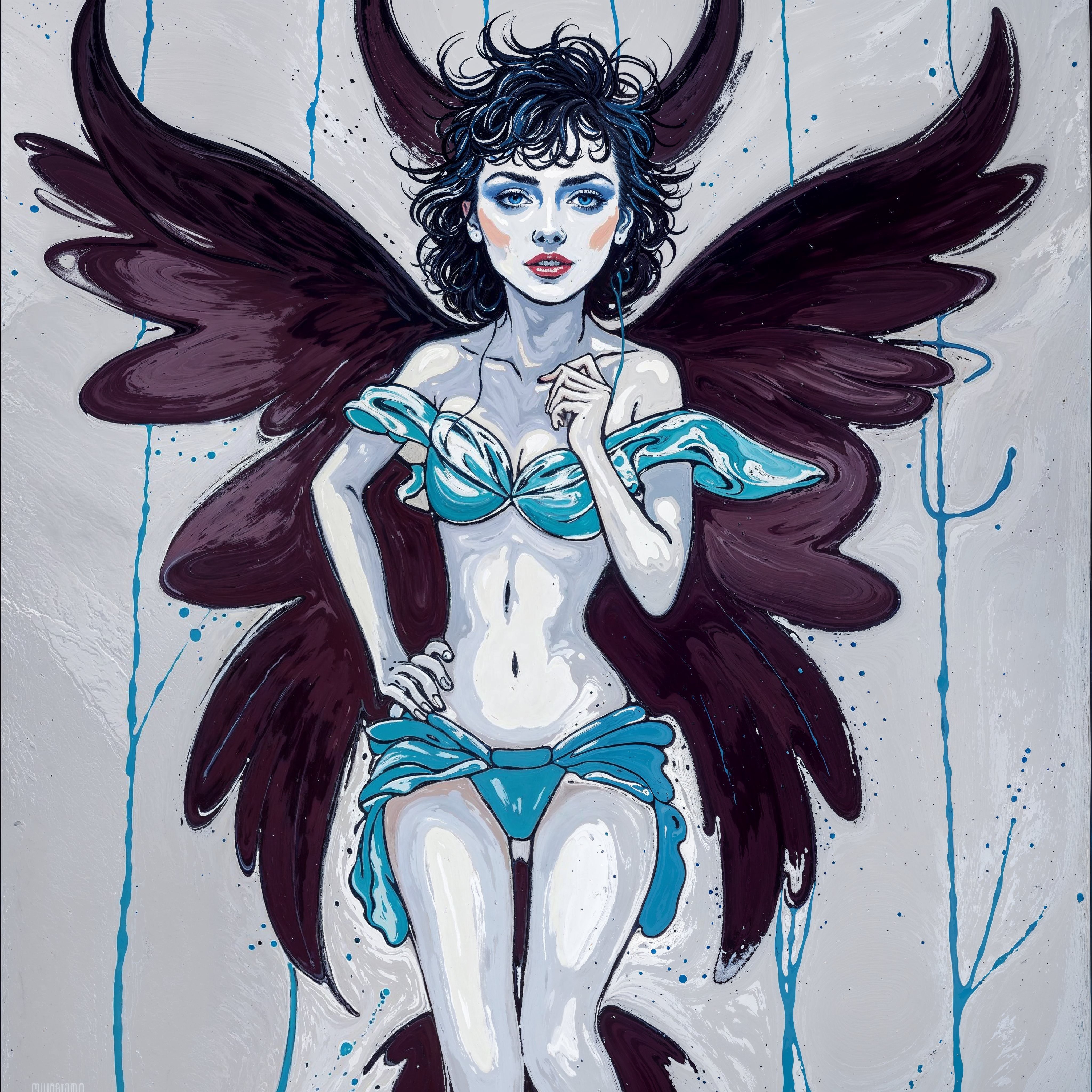 Esta obra artística presenta a una figura femenina con alas oscuras y atuendo azul, fusionando elementos de lo místico y lo intrigante en un estilo vibrante y expresivo. Ideal para atraer a amantes del arte contemporáneo y fantástico.