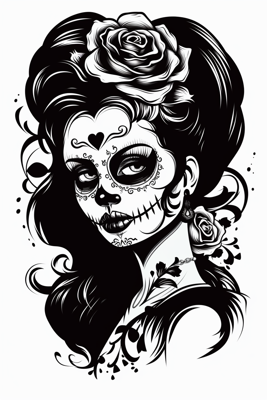 Imagen en blanco y negro de una mujer estilizada inspirada en la icónica festividad del Día de Muertos.
