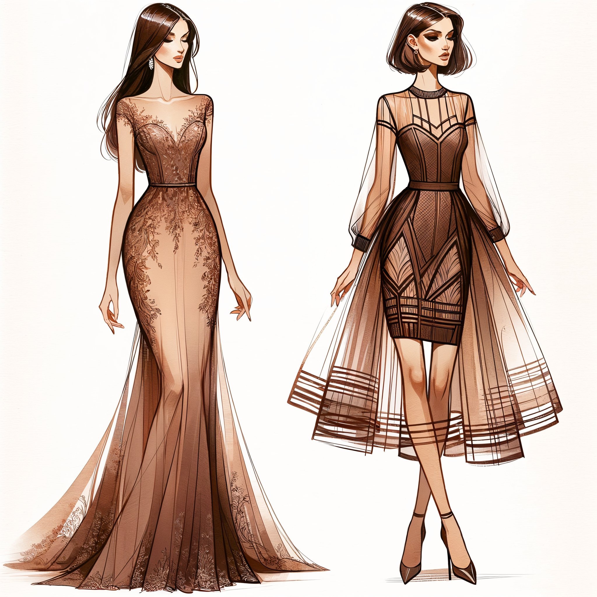 Arte de la alta costura con esta ilustración de moda que captura la elegancia y el estilo sofisticado. Dos modelos femeninas, vestidas con trajes de gala, deslumbran con sus atuendos detallados y siluetas definidas.