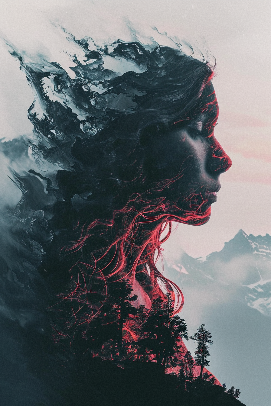 Imagen artística representa una silueta femenina integrada con un paisaje montañoso, una mezcla de humanidad con la sublime belleza de la naturaleza.