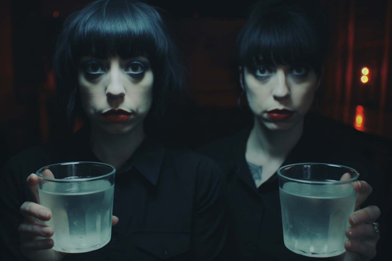 Descubre el mundo del arte oscuro con esta imagen cautivadora: dos figuras casi idénticas con expresiones intensas, vestidas en negro, sosteniendo vasos de agua. Una composición perfecta para los amantes de lo misterioso y lo estilizado.