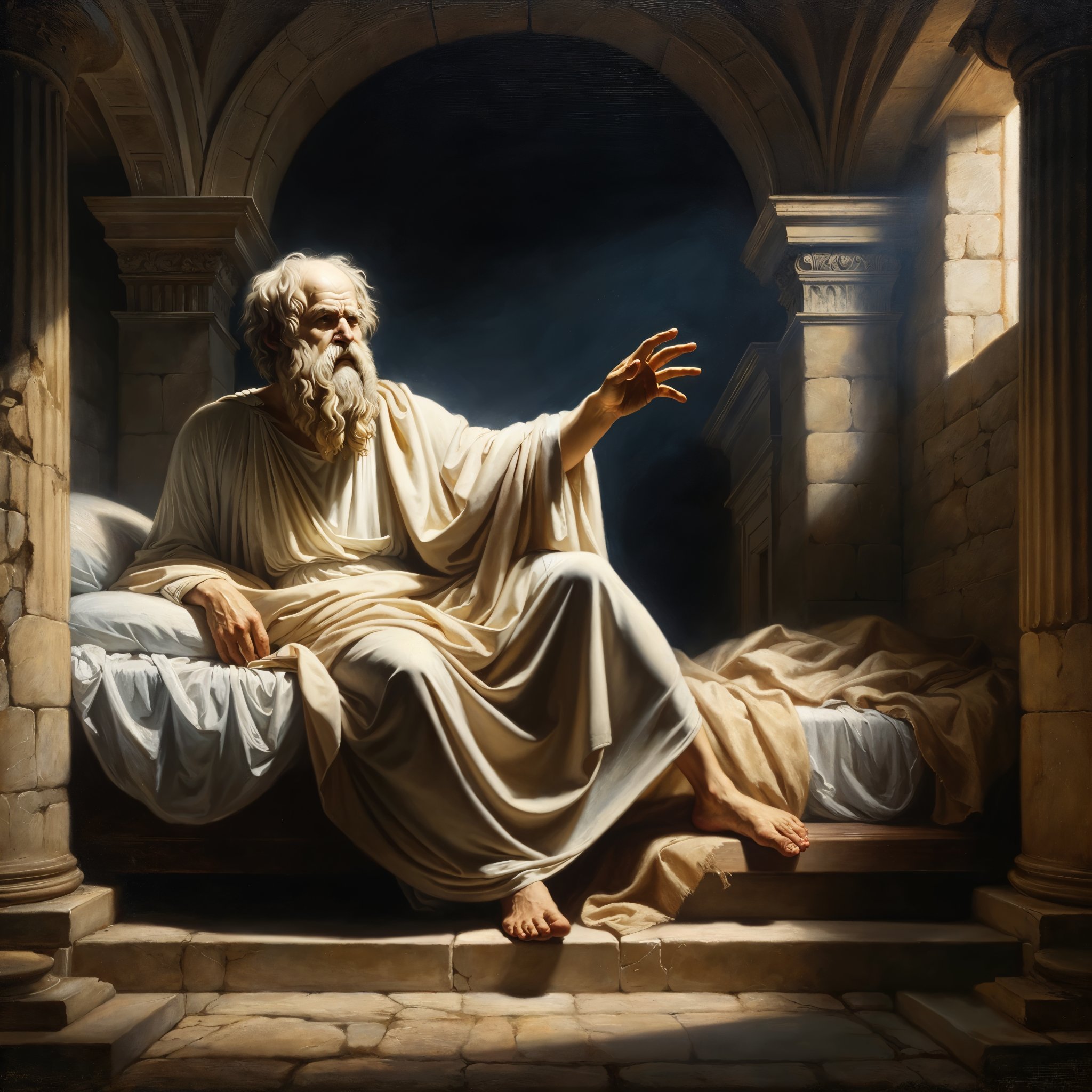 Obra de arte que captura la esencia de la contemplación y sabiduría. Esta imagen, perfecta para amantes de la historia y la filosofía, muestra a un filósofo de la antigua Grecia en pleno momento de reflexión.