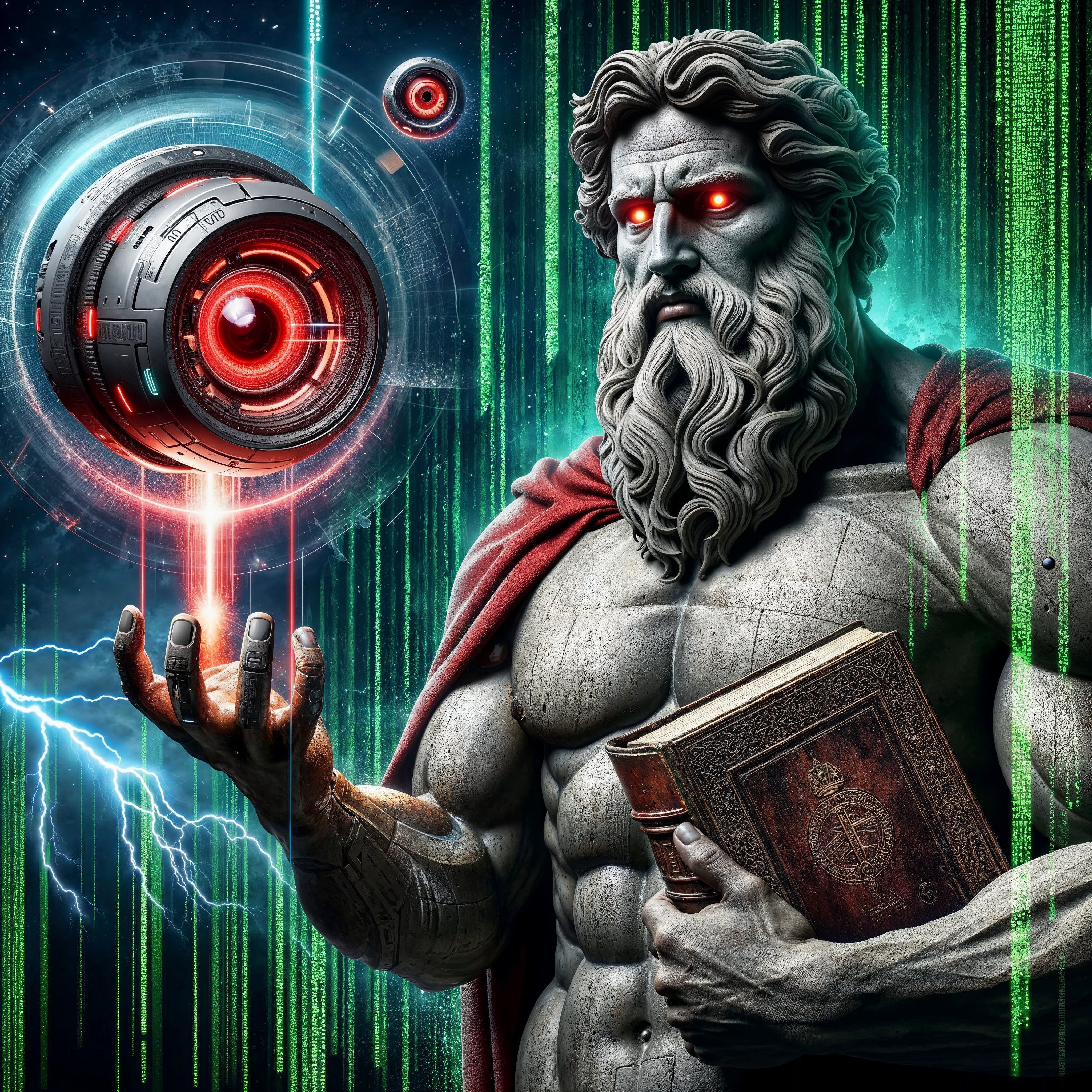 Explora el encuentro épico entre mitología y ciencia ficción: Un dios de aspecto griego con ojos electrónicos invoca poderes cósmicos junto a una inteligencia artificial orbitante. Ideal para fans del cyberpunk y la fantasía.
