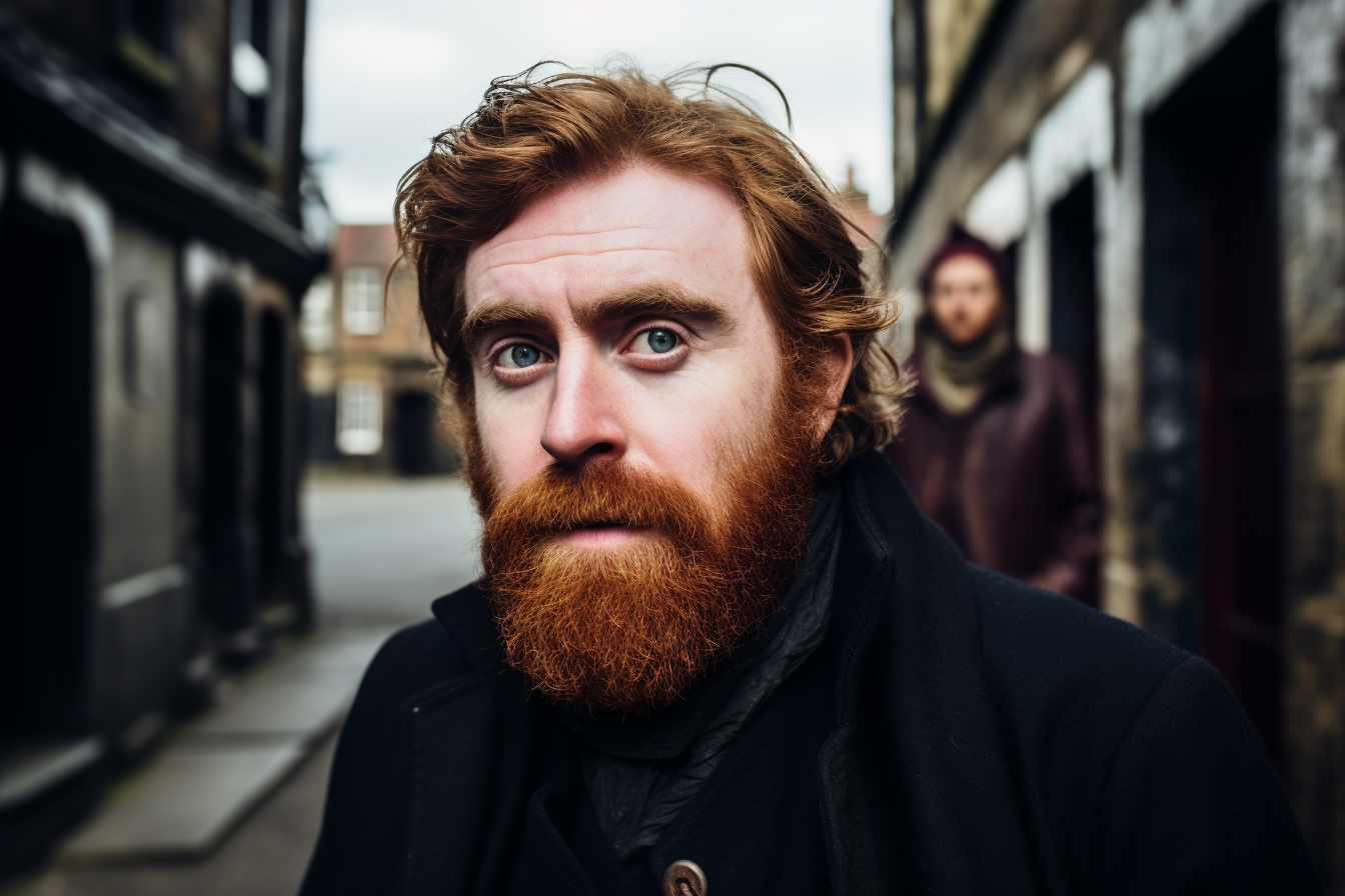 Captura dramática de un hombre con barba rojiza y expresión pensativa en un callejón histórico, perfecta para explorar temas de introspección y la esencia urbana. Un segundo sujeto misterioso añade profundidad a la escena.
