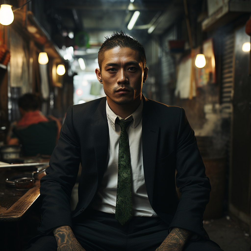 Explora el misterioso encanto de la noche en esta imagen cautivadora: un hombre de mirada intensa, vestido de forma elegante y con tatuajes visibles, te invita a descubrir las historias que se esconden en los callejones urbanos.