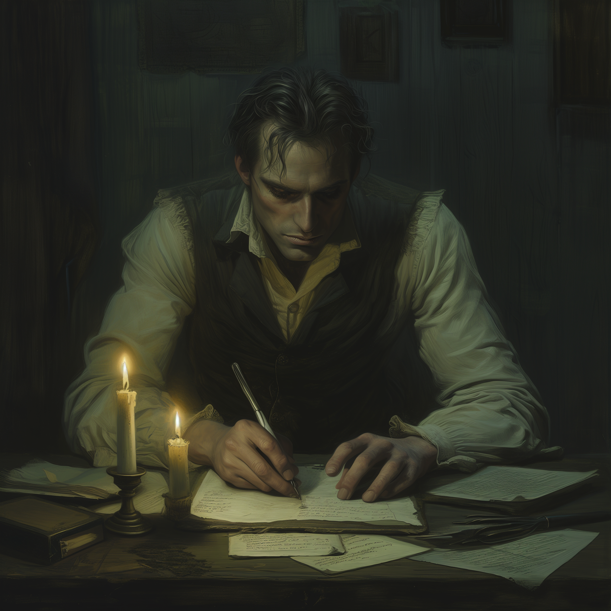 Un hombre concentrado en escribir con pluma y tinta bajo la suave luz de las velas, en una atmósfera de estudio de época. Esta imagen invoca una sensación de historia y el arte de la escritura manuscrita, perfecta para aquellos apasionados por la literatura y el romance del pasado.