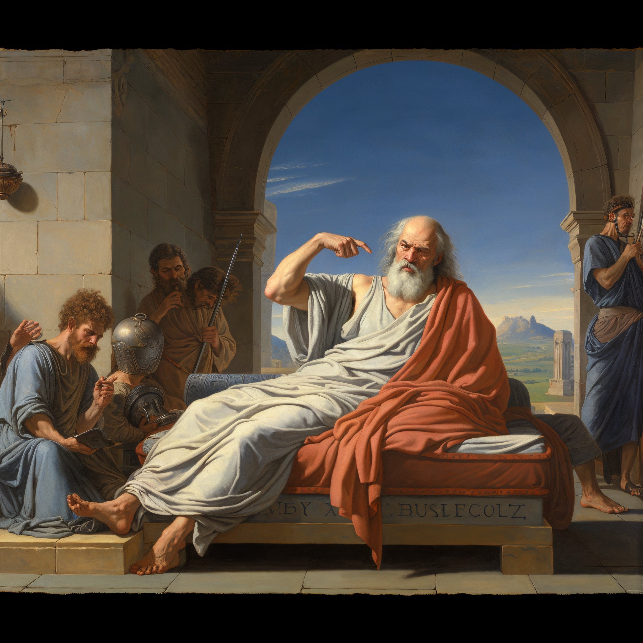 Descubre la maestría del neoclasicismo en esta representación vibrante de Sócrates, donde la filosofía cobra vida en un lienzo que captura la esencia de la sabiduría antigua con una claridad impresionante.