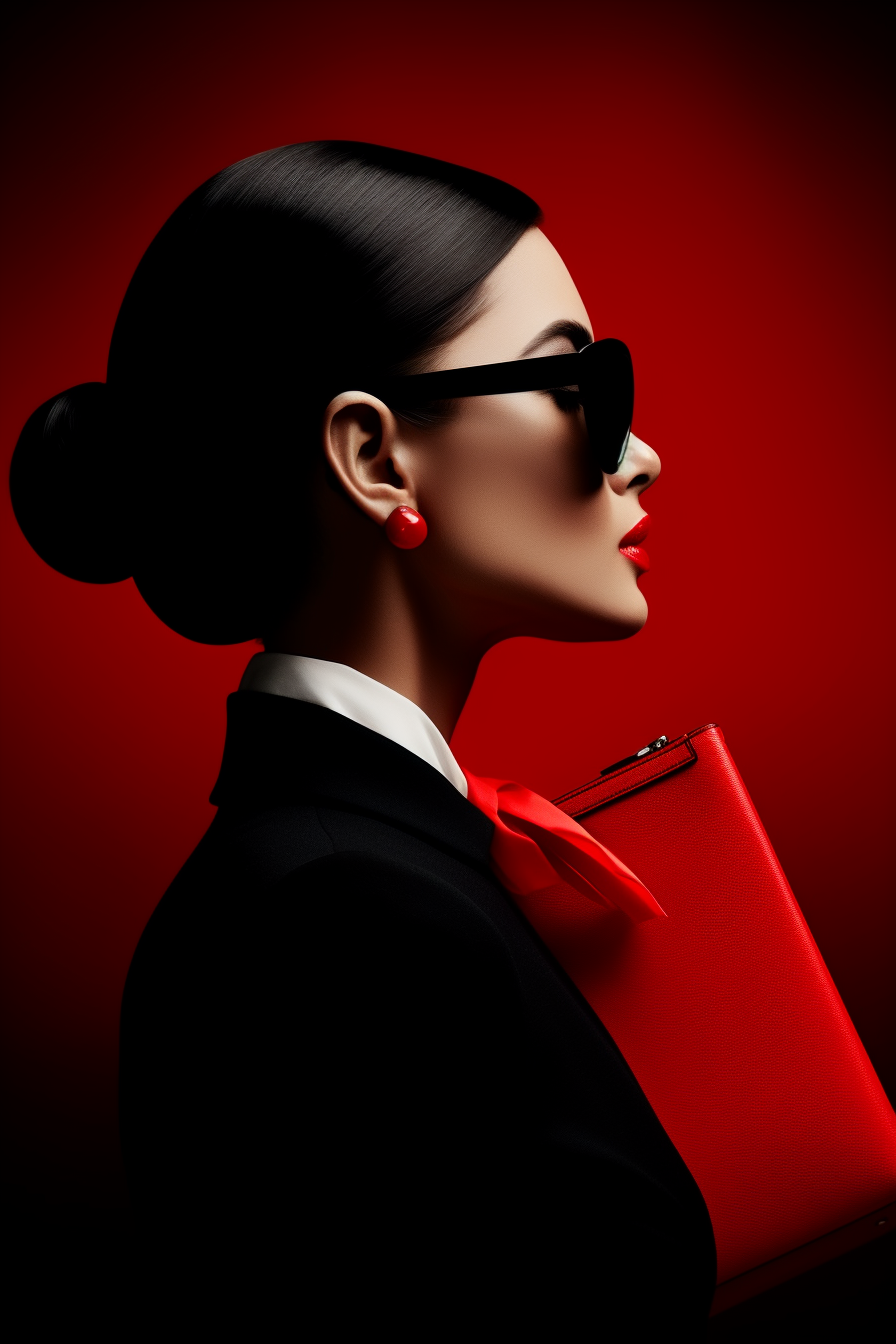 Descubre la esencia de la elegancia y el poder en esta impresionante imagen de perfil de una mujer con gafas de sol, labios rojos y un elegante atuendo negro. El contraste de colores y la composición minimalista resaltan la sofisticación y el estilo moderno. Ideal para amantes de la moda y el diseño.