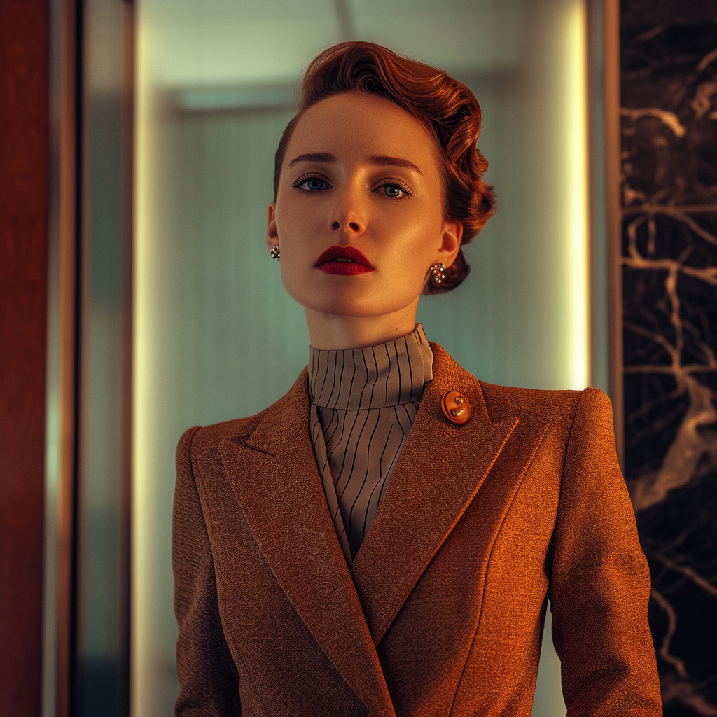 Admira la sofisticación atemporal en esta imagen de una mujer con un elegante peinado vintage y un impecable atuendo de estilo retro. Sus labios rojos y su porte distinguido reflejan un refinamiento clásico que captura la esencia del glamour y la moda de época. Perfecta para amantes del estilo retro y el lujo.