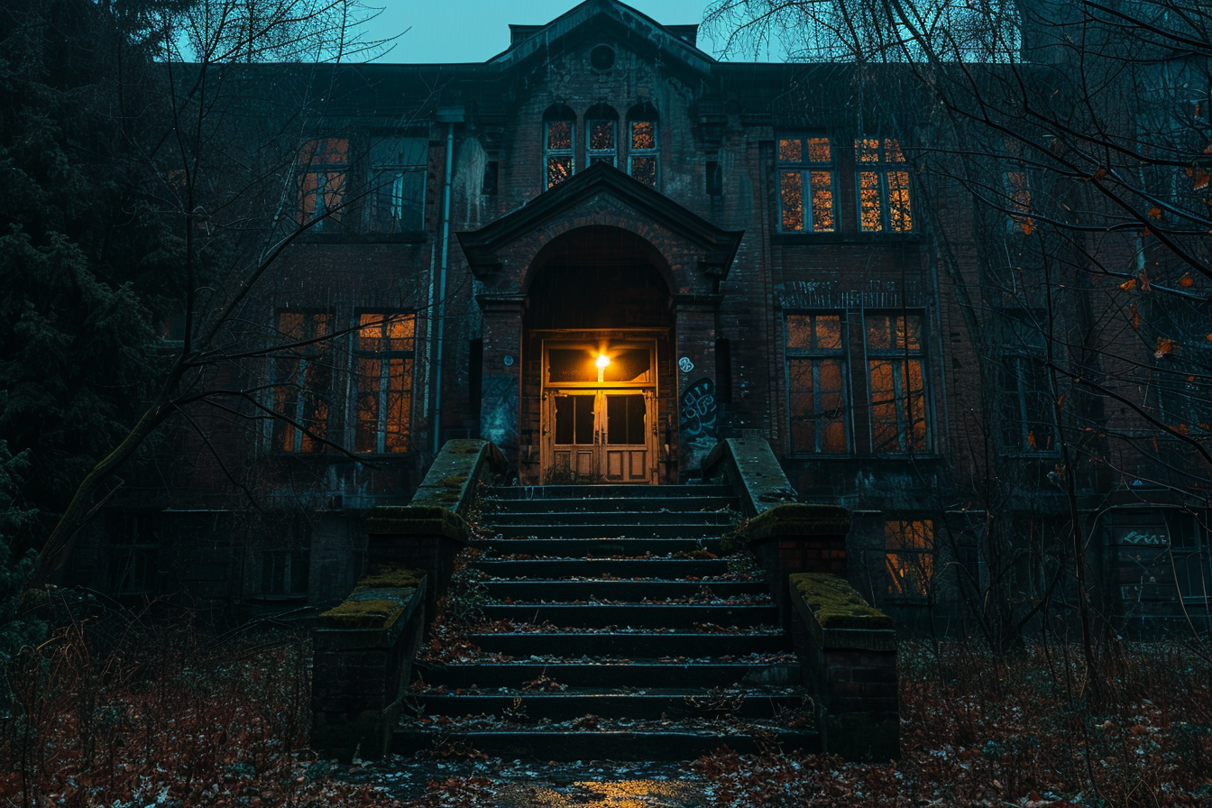 Descubre la fascinante imagen de una casa antigua y abandonada, capturada en un atardecer lluvioso. Con una luz amarilla en la entrada, el lugar emana un aura de misterio y desolación, ideal para los amantes de la arquitectura antigua y las historias de terror.