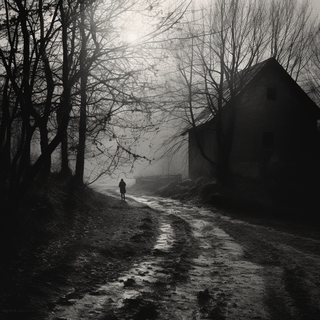 Explora la belleza melancólica de una fotografía en blanco y negro que captura una escena solitaria en un camino rural. Con árboles desnudos y una casa al fondo, esta imagen transmite una atmósfera sombría y tranquila, perfecta para los entusiastas de la fotografía artística.