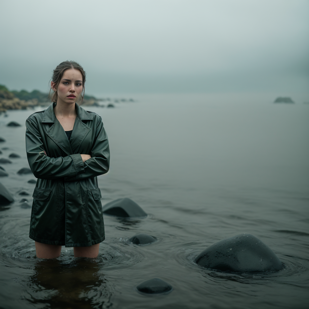 Captura única de una mujer contemplativa en un ambiente pacífico y brumoso a orillas del mar. Su figura resalta contra el suave gris de un día nublado, creando una atmósfera de calma y reflexión. Perfecta para aquellos que buscan inspiración y serenidad en la naturaleza.