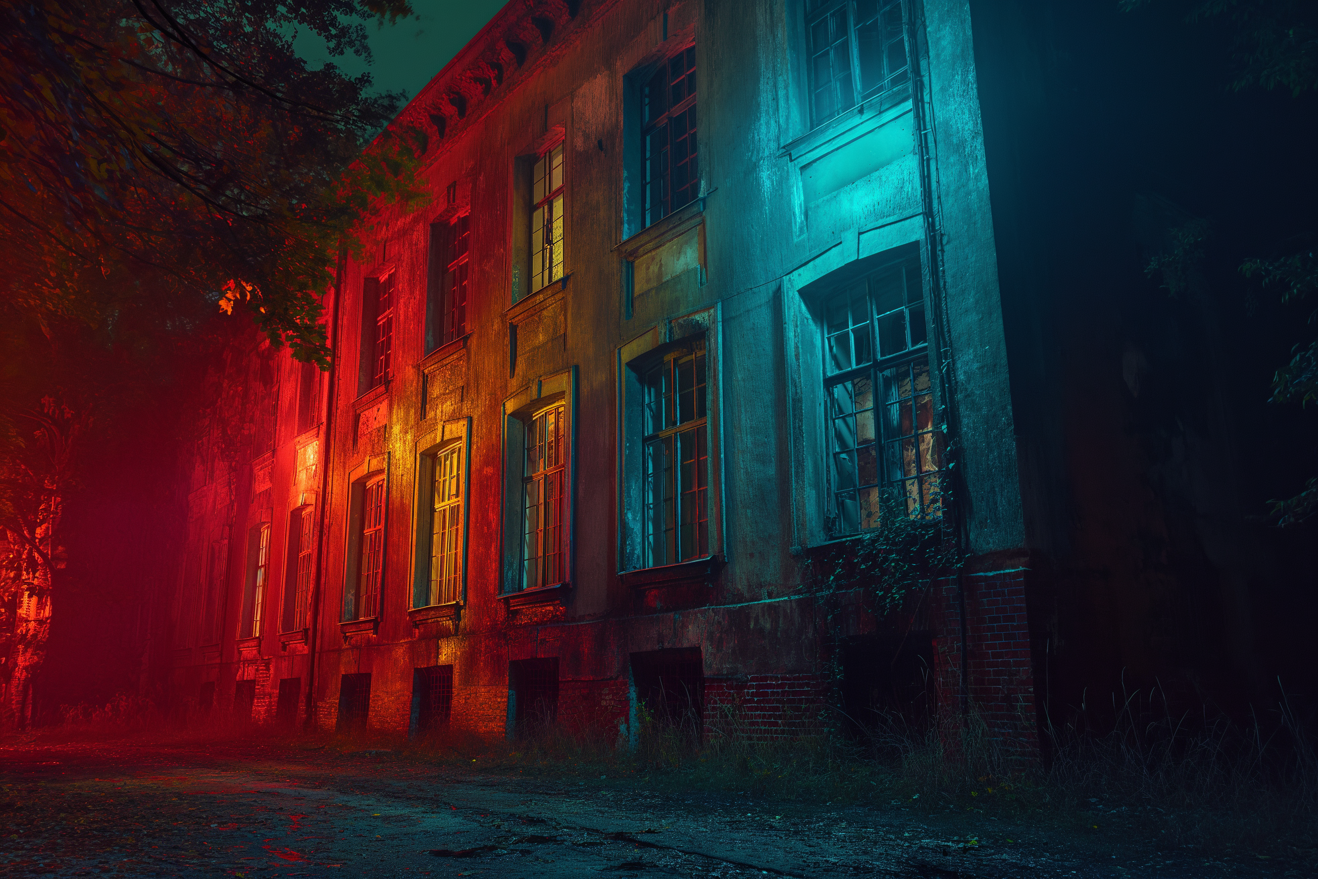 Descubre la misteriosa belleza de un edificio abandonado iluminado con luces rojas y azules que crean una atmósfera escalofriante y envolvente. Esta imagen nocturna captura perfectamente la esencia de lo desconocido y lo sobrenatural.