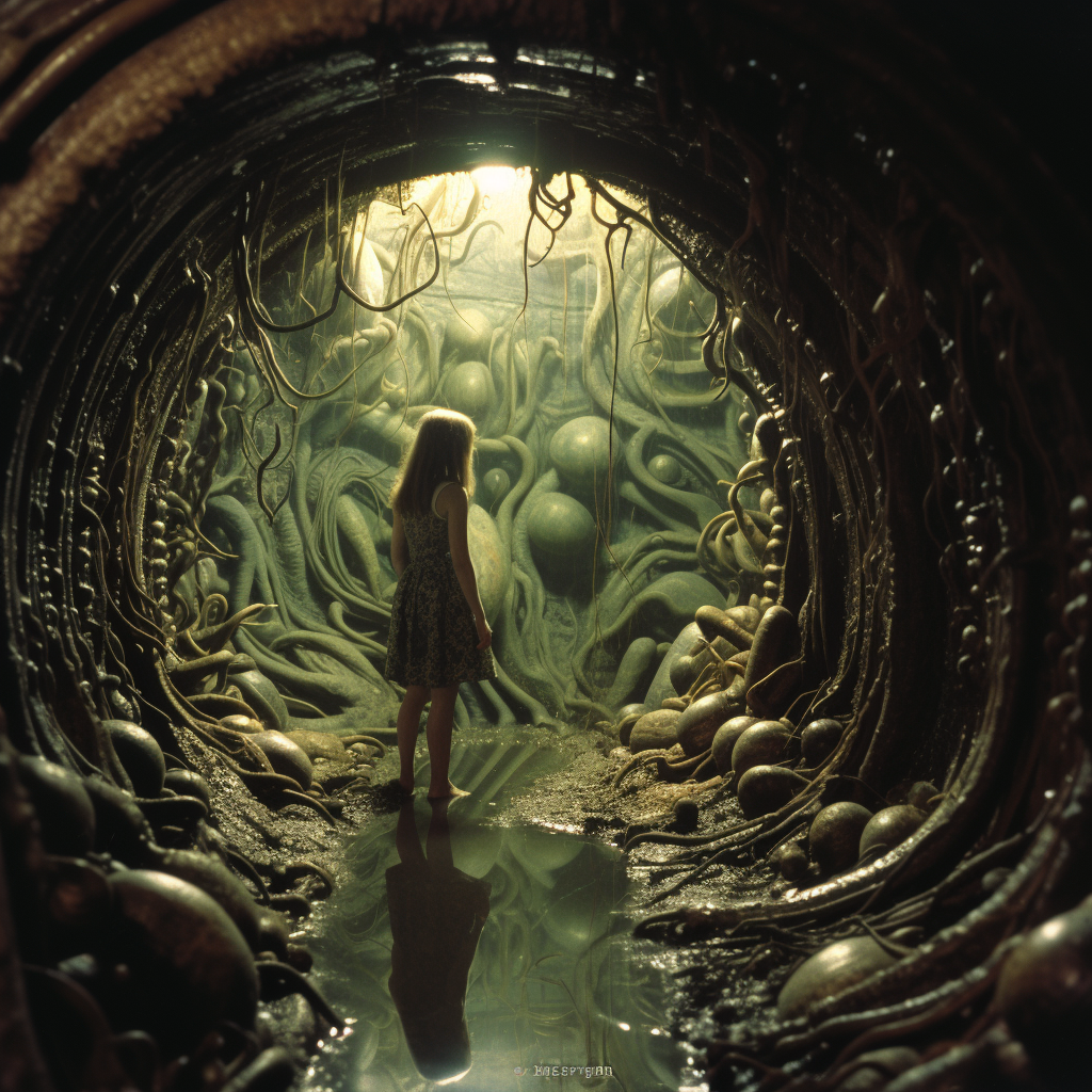 Esta imagen cautivadora muestra a una chica de pie en la entrada de un túnel biológico y surrealista, lleno de formas y tentáculos orgánicos. La iluminación suave y los detalles intrincados crean una atmósfera de misterio y fantasía, evocando un sentido de aventura en un mundo desconocido.