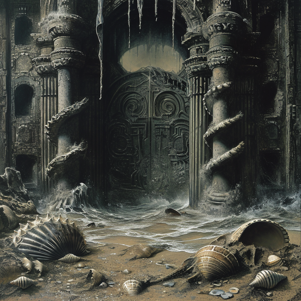 Descubre las misteriosas ruinas góticas sumergidas, donde el oleaje revela antiguos secretos y conchas marinas adornan la escena. Una visión artística que invita a la reflexión sobre civilizaciones pasadas y la belleza oculta bajo las olas.