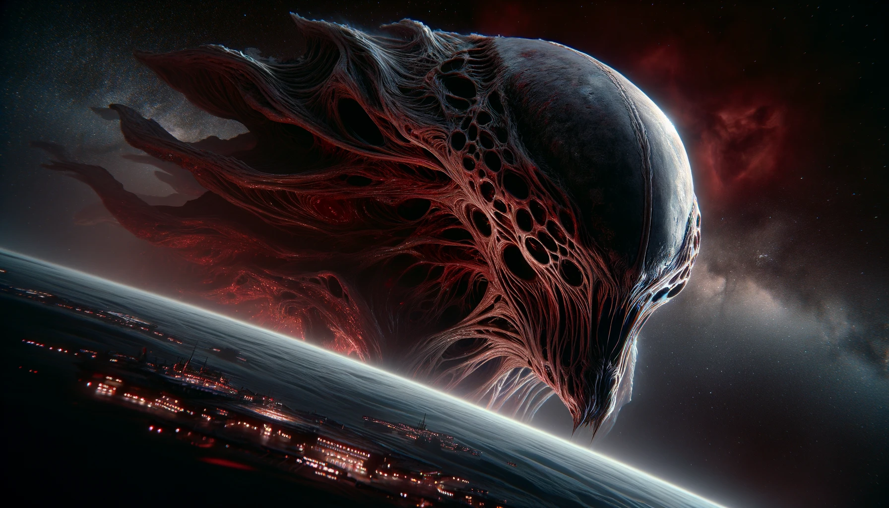 Explora el impacto visual de esta obra de arte digital que captura una entidad alienígena monumental emergiendo sobre un horizonte futurista, destacándose contra un telón de fondo cósmico y estrellado. Perfecta para los amantes de la ciencia ficción y el arte digital.