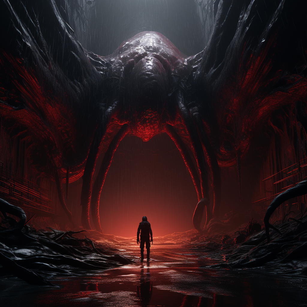 Explora un escenario alienígena y siniestro, donde un solitario astronauta se enfrenta a una estructura monstruosa de tonos rojos bajo una lluvia implacable. Esta imagen cautiva por su atmósfera intensa y diseño impactante, ideal para amantes de la ciencia ficción y mundos distantes.