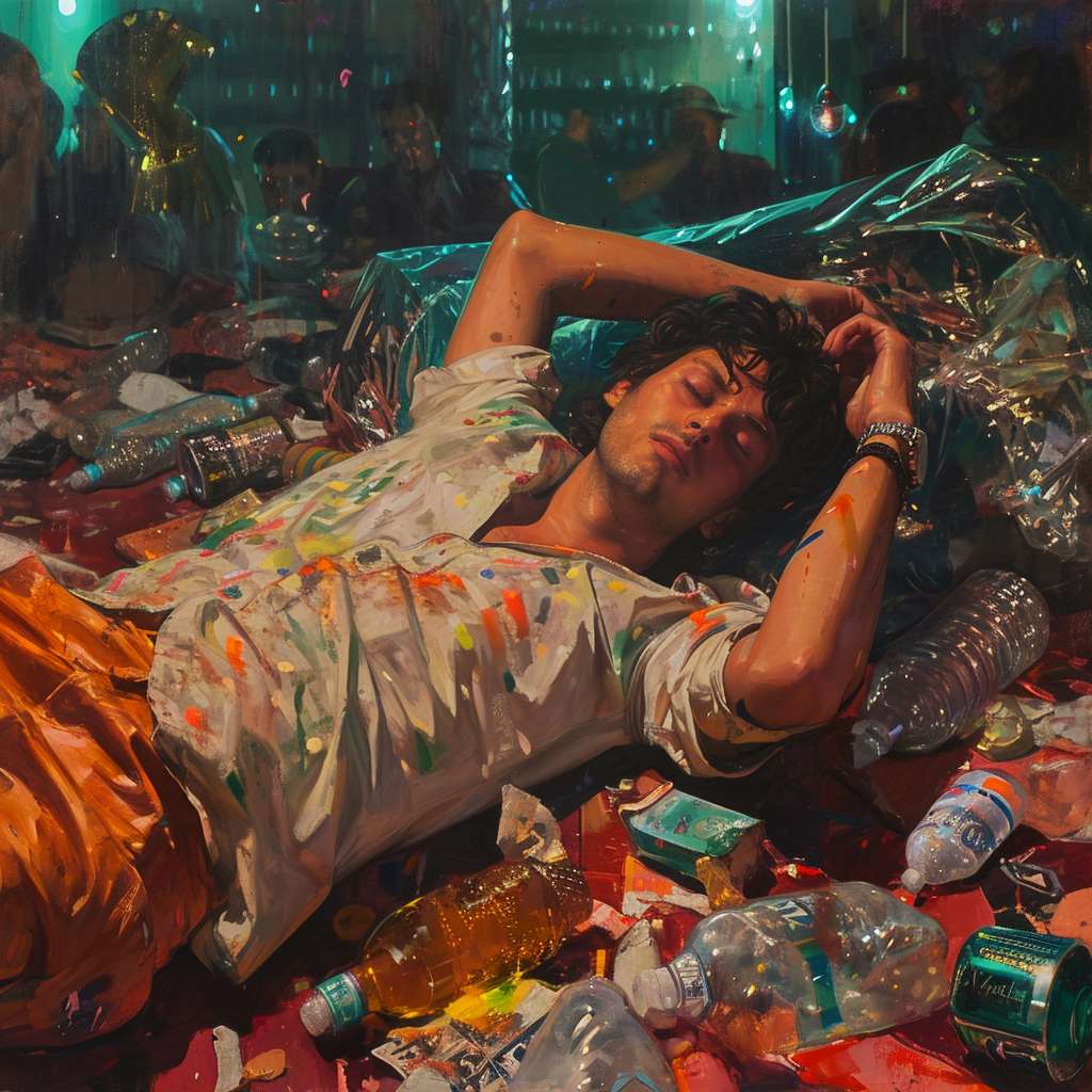 Un joven, cubierto de manchas de pintura, duerme entre basura y botellas en el suelo tras una fiesta, reflejando el agotamiento y el caos posterior a una celebración intensa. Perfecta para contenido sobre la vida nocturna y la juventud.