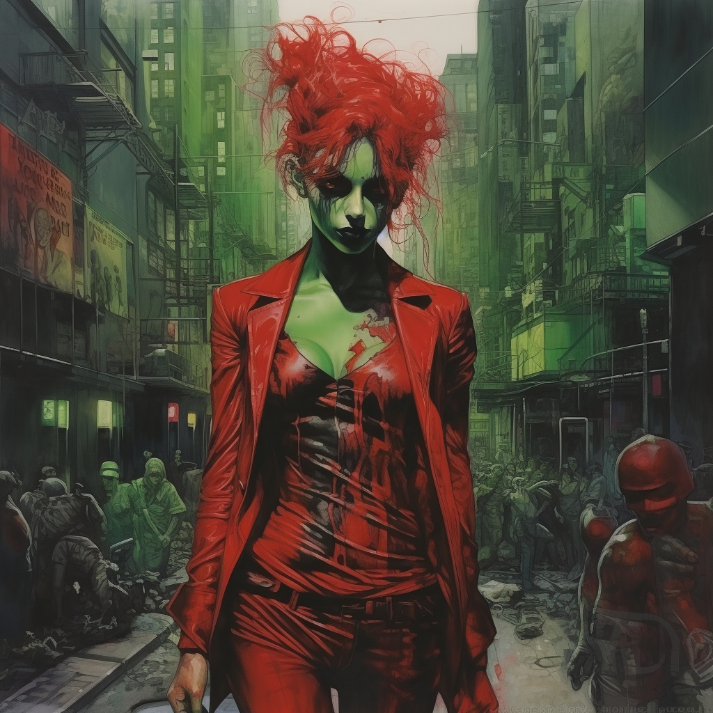 Adéntrate en un futuro distópico con esta impactante imagen de una figura femenina poderosa y rebelde. Con una piel verde y cabello rojo encendido, su presencia dominante destaca en un escenario urbano sombrío y caótico, simbolizando la resistencia y la lucha.