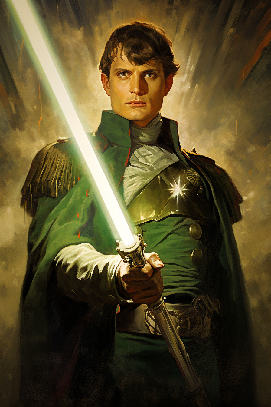 Un impresionante retrato de un hombre con vestimenta histórica empuñando una espada láser. La fusión perfecta entre el pasado y el futuro, esta imagen cautiva con su atmósfera épica y su detallado diseño. Ideal para los amantes de la ciencia ficción y la historia alternativa.