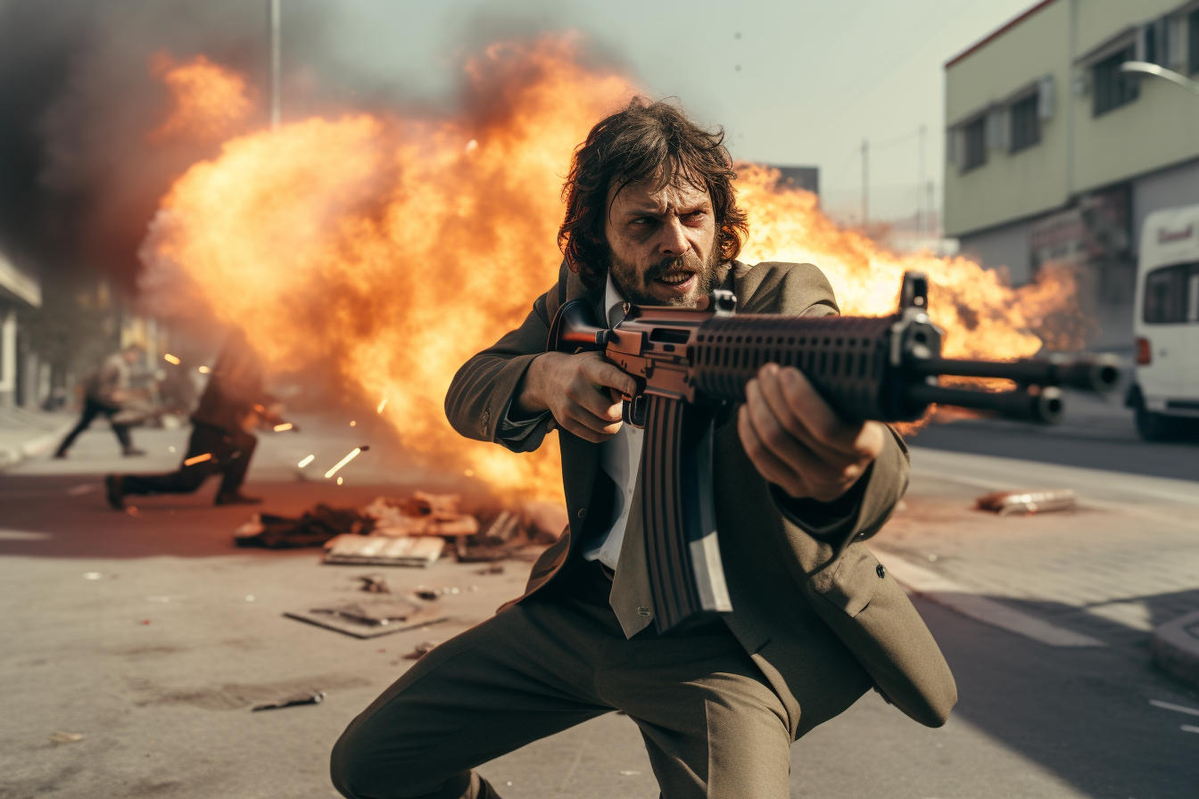 Imagen intensa de acción urbana con un hombre armado en primer plano, destacando una explosión masiva en el fondo. La escena transmite adrenalina y peligro, ideal para atraer visitas interesadas en momentos dramáticos y emocionantes. Perfecta para contenido sobre acción y cine.
