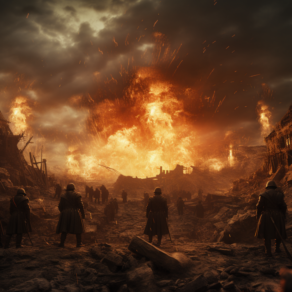 En la imagen, se observa una devastadora explosión en un entorno de guerra urbano, con llamas y humo dominando el paisaje mientras varias figuras humanas observan el desastre. La escena refleja un momento de caos y destrucción total.