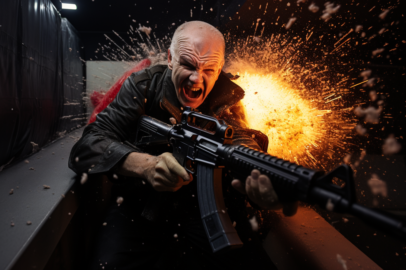 Esta imagen captura un momento lleno de intensidad y acción, mostrando a un hombre disparando un rifle en un escenario de explosión dramática. Ideal para aquellos apasionados por escenas de adrenalina y alta tensión. ¡No te pierdas esta impactante imagen de acción extrema!