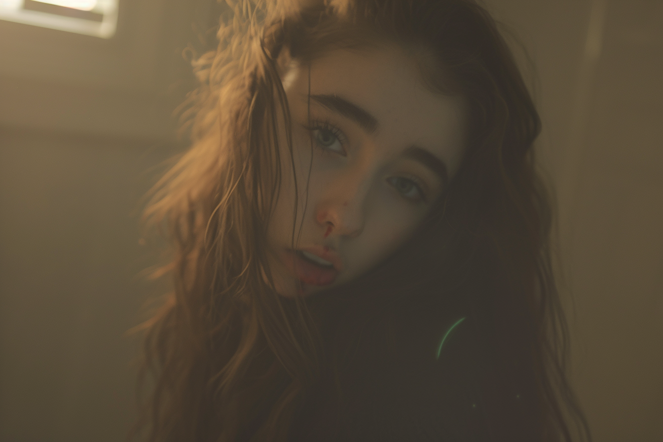 Captura emotiva y fantasmal de una joven con expresión desolada y una gota de sangre en la nariz. La iluminación tenue y la atmósfera sombría resaltan la tristeza y el misterio. Ideal para los amantes del arte conceptual y el horror emocional. Explora esta imagen que evoca una profunda melancolía.