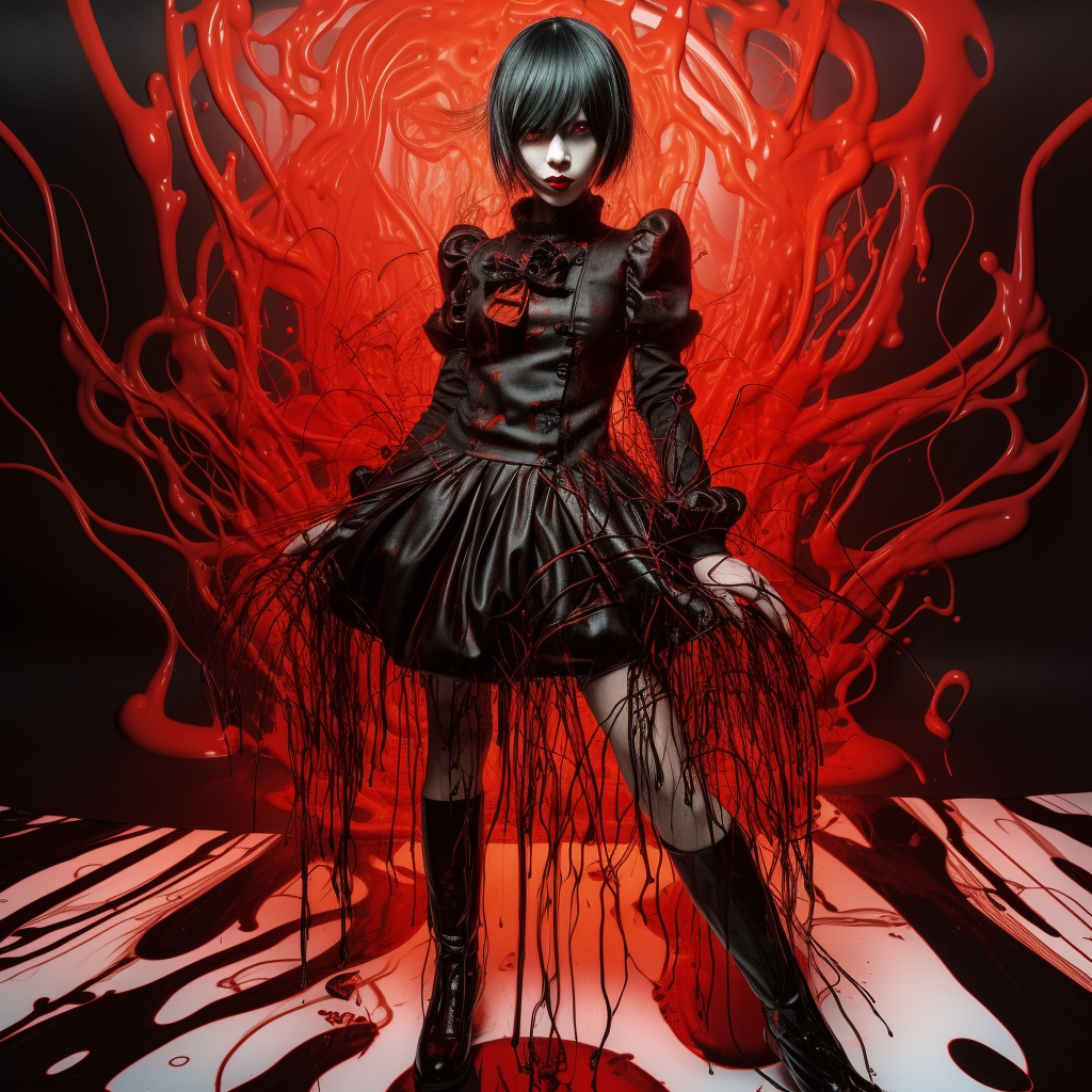 La imagen presenta a una figura gótica vestida de negro, con el cabello corto y oscuro, rodeada de un fondo abstracto de tonos rojos vibrantes. Su atuendo y la atmósfera crean un contraste impactante y visualmente cautivador, ideal para atraer a amantes del arte y la moda gótica.