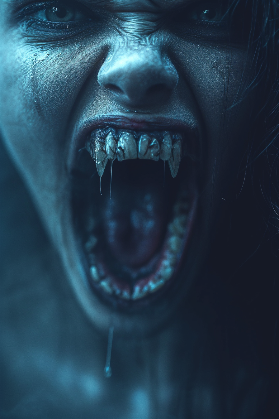 La imagen muestra un primer plano de un rostro femenino con una expresión feroz y terrorífica, resaltada por dientes afilados y saliva goteante. El fondo azul oscuro y los detalles intensos crean una atmósfera de miedo y suspense, perfecta para atraer a entusiastas del terror y el cine de suspense.