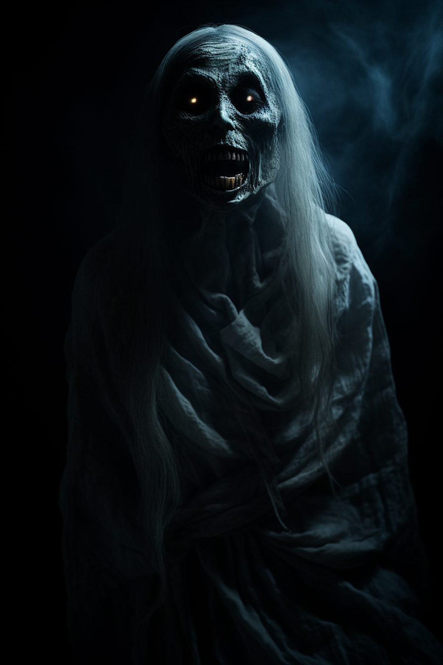 La imagen muestra una figura fantasmal con un rostro aterrador y ojos brillantes, envuelta en ropas blancas y en medio de una atmósfera oscura y nebulosa. La luz tenue resalta los detalles de su apariencia, creando una escena inquietante y sobrenatural, perfecta para atraer a los fanáticos del terror y lo paranormal.