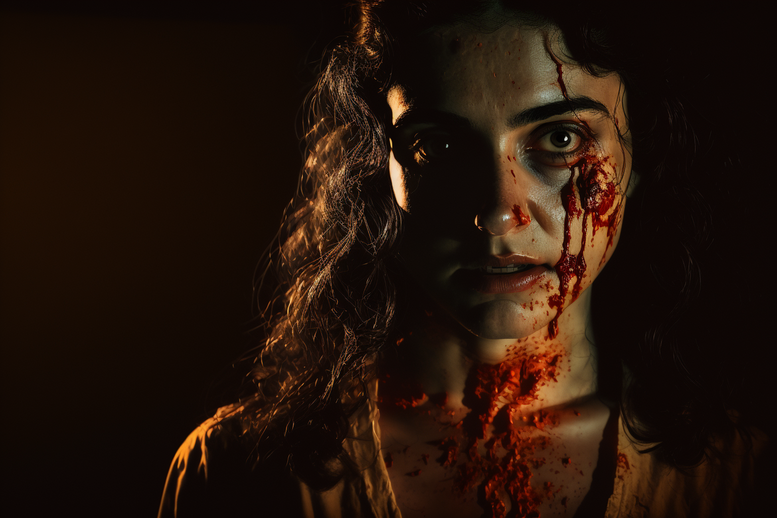 En esta imagen, una mujer con la cara ensangrentada se encuentra parcialmente iluminada, creando una atmósfera de horror y misterio. La expresión de su rostro transmite un intenso sentimiento de terror. Esta imagen es ideal para atraer a amantes del género de terror y suspense.