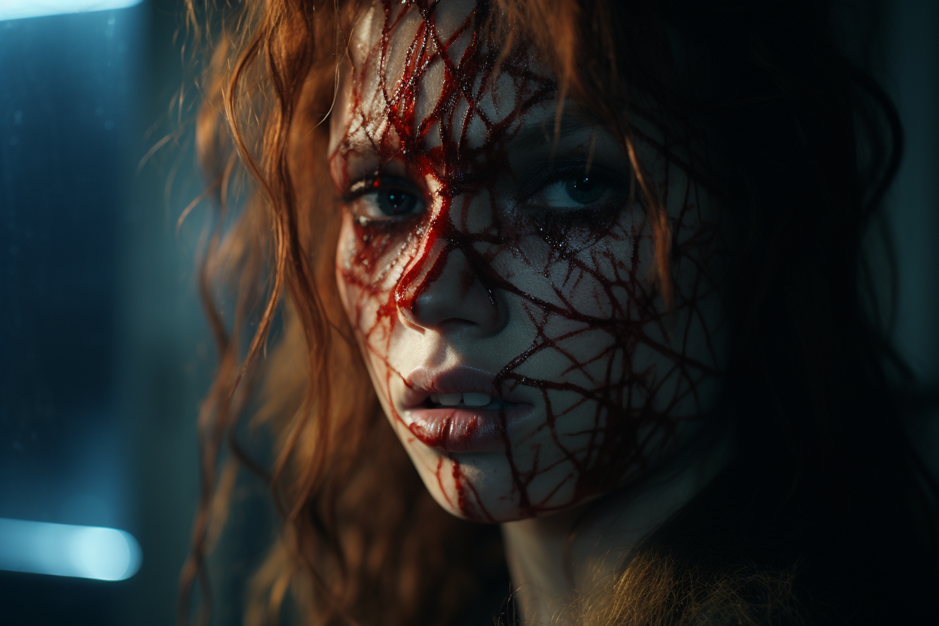 En esta imagen, una figura femenina con la cara cubierta de sangre en patrones intrincados mira con una expresión de misterio y angustia. La iluminación azulada añade un ambiente frío y desolador, capturando la esencia del horror y la intriga. Ideal para atraer a fanáticos del terror psicológico.