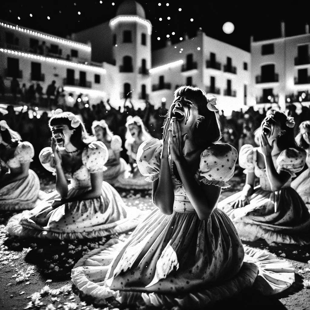 Esta imagen en blanco y negro captura un momento dramático en un festival nocturno, donde varias personas en trajes vintage expresan emociones intensas bajo las luces. La escena evoca una atmósfera teatral y misteriosa, ideal para los amantes del arte y la fotografía conceptual.