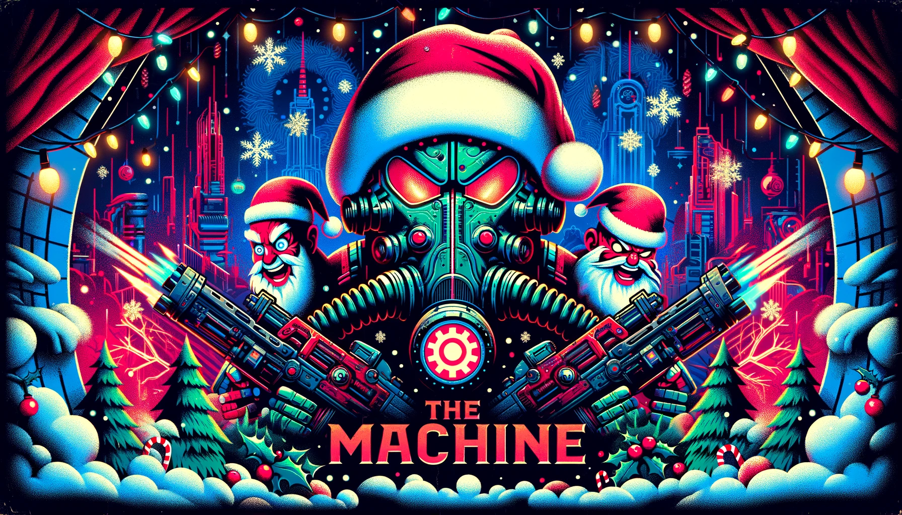 Explora un universo alternativo con esta vibrante ilustración navideña: Santa cibernético, árboles festivos y un ambiente urbano futurista. ¡Perfecta para los amantes de la ciencia ficción y el espíritu navideño! #Arte #Ilustración #Navidad #NavidadFuturista